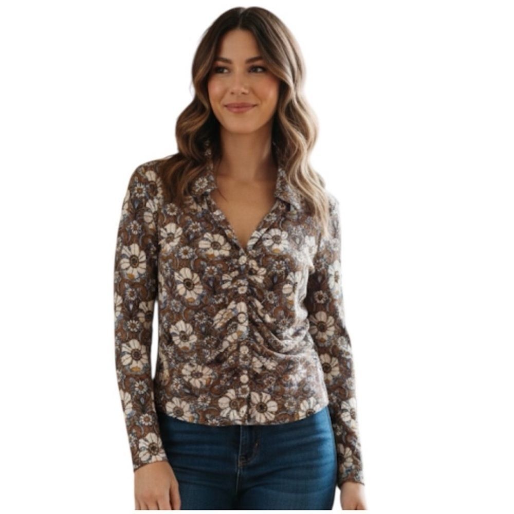 Maeve Anthropologie Women's Floral Ruched Retro 70's V-Neck Top Size XS - Picture 2 of 6